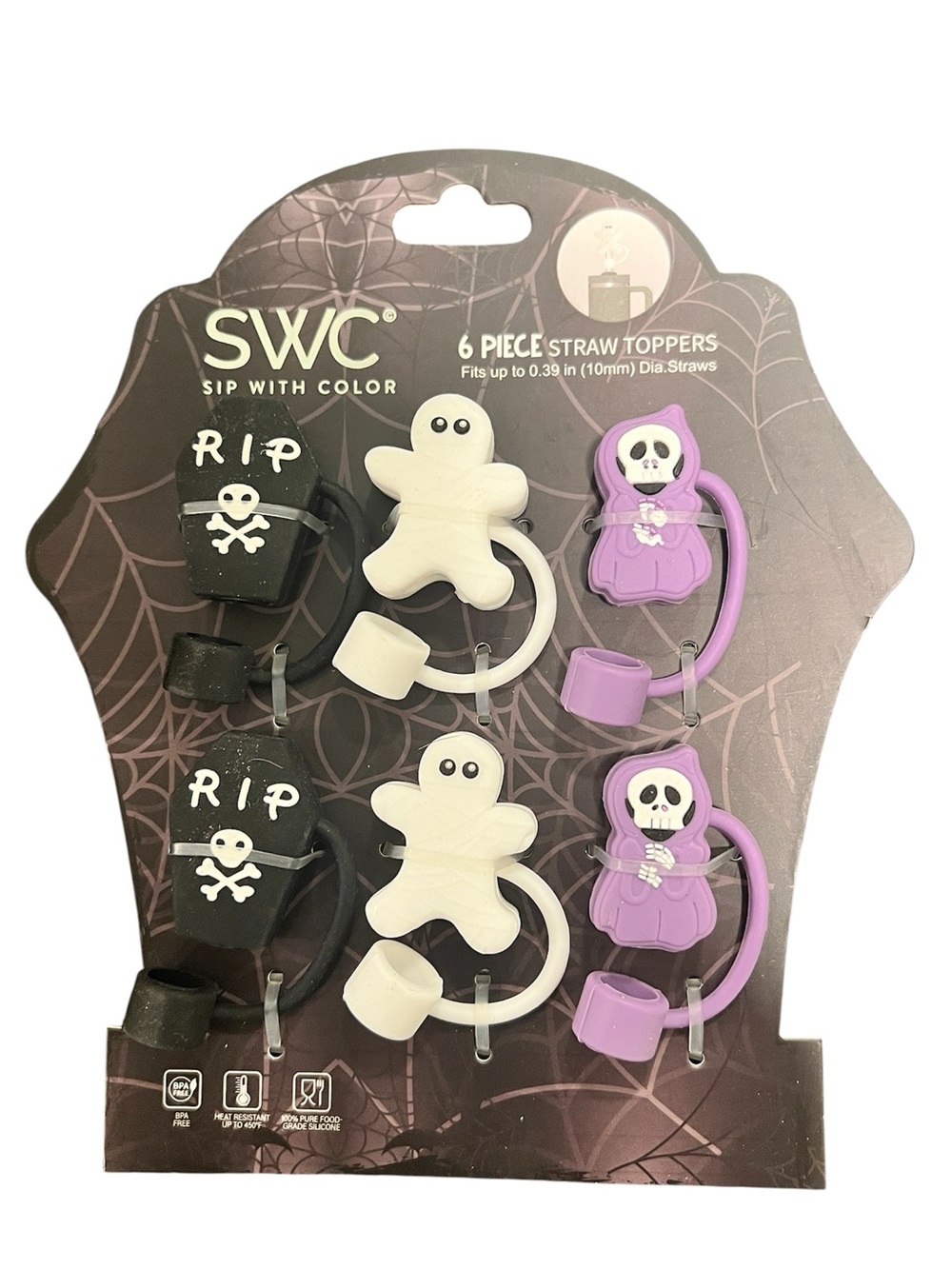 New Halloween Straw Toppers - Black, White & Purple (6-Pack)